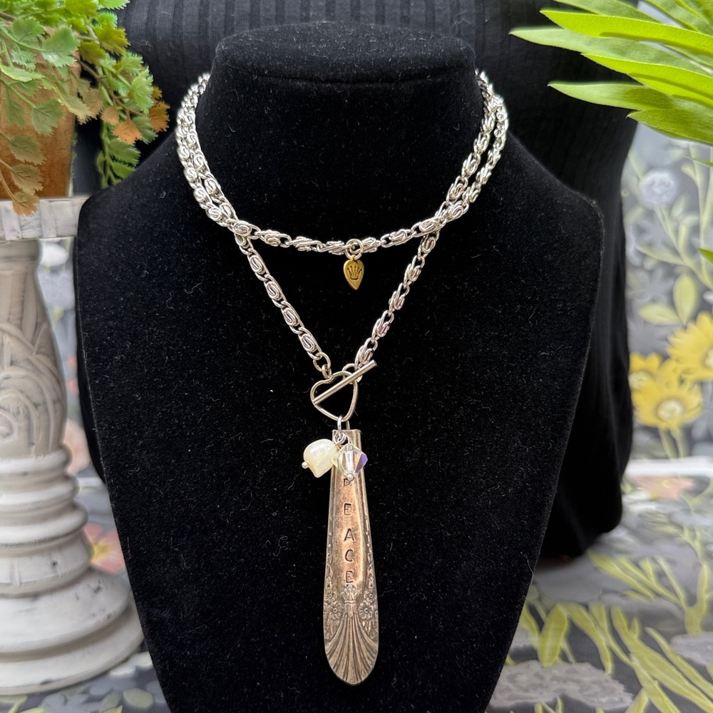 🌟Adorned Crown Jewelry assemblage spoon handle pendant pearl necklace Peace